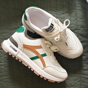 White Retro Runner Sneakers with Green & Tan Accents